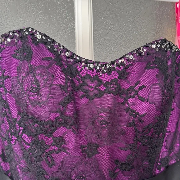 Flirt Maggie Sottero Purple and Black Lace Strapless Dress with Beaded Top - Picture 3 of 11